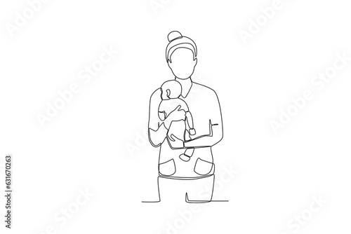 One single line drawing of a midwife holding toddler