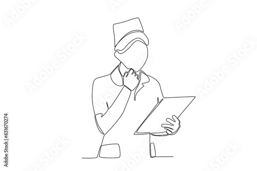 One single line drawing of a midwife looking at patient data
