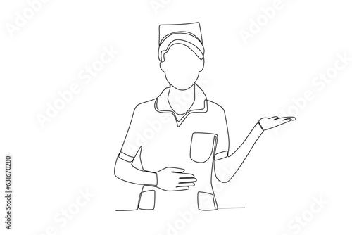 One single line drawing of a midwife who invites the patient to enter the room
