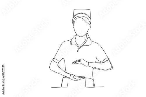 One single line drawing of a midwife who is measuring the size of the patient_s womb
