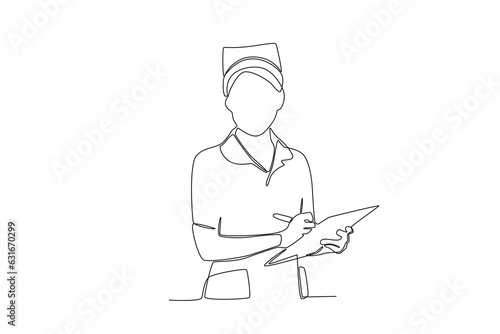 One single line drawing of a midwife who is recording patient complaints
