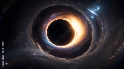 Fotografie, Obraz Subject A captivating photorealistic depiction of an abstract space scene where a massive black hole dominates the foreground against a backdrop of shimmering stars