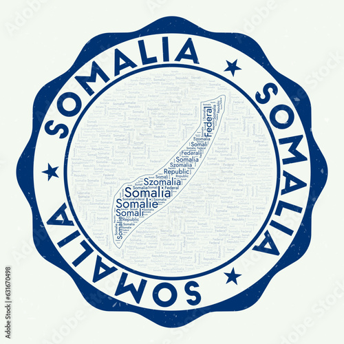 Somalia logo. Appealing country badge with word cloud in shape of Somalia. Round emblem with country name. Classy vector illustration.