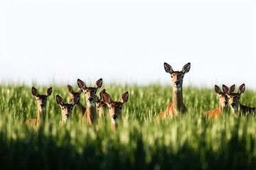 European roe deer herd in the green field.