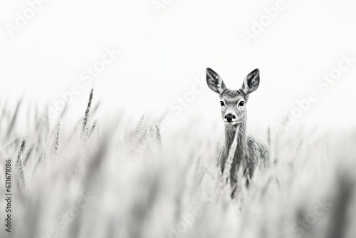 Obraz na plátně Roe deer female walking in steppe closeup in black white