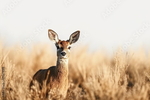 Roe deer male in steppe closeup.