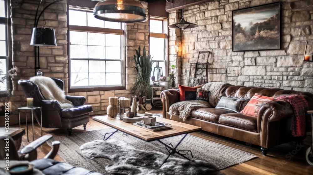 Living room decor, home interior design . Rustic Industrial style with ... - Rochester Pattern Stone In Industrial Living Room Design