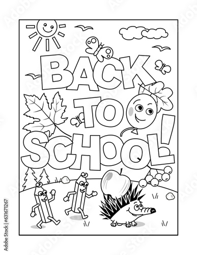 "Back to School!" greeting coloring page, poster, sign or banner black and white activity sheet 
