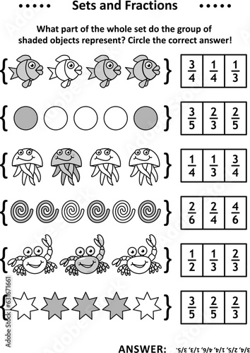 Sets and fractions math puzzle or worksheet to learn, practice and reinforce fractions represented by subsets. Answer included.