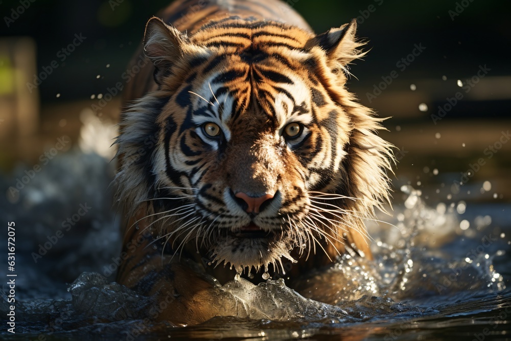 Angry siberian tiger runs on water in forest. Angry siberian tiger runs on water in forest.