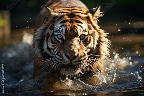 Angry siberian tiger runs on water in forest. photo