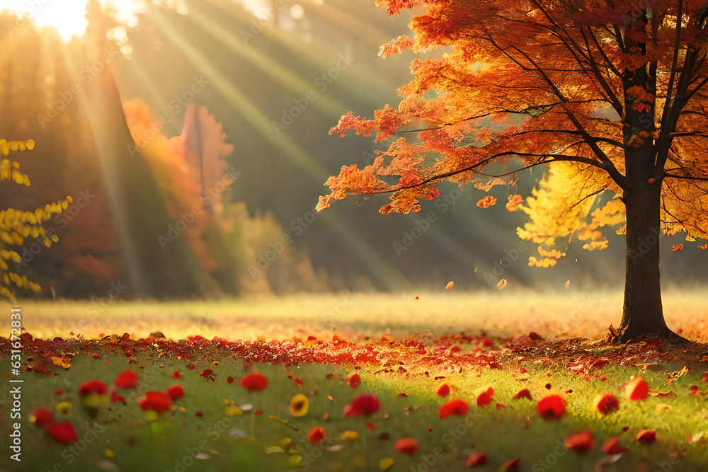 Golden autumn landscape, glowing sunbeams, vibrant foliage, tranquil nature scene