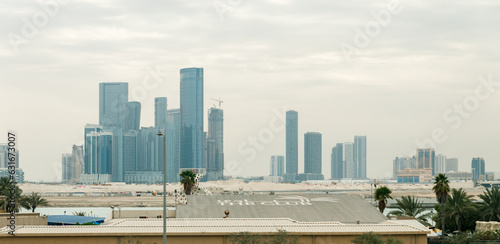View from the window of a tourist bus on the architecture of the city of Abu Dhabi  United Arab Emirates
