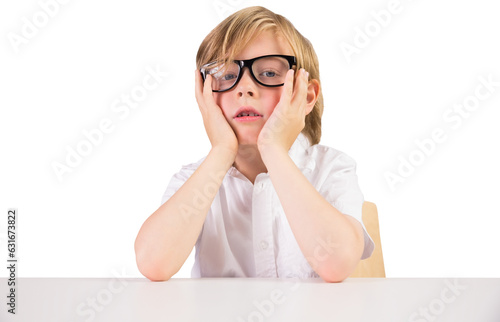 Digital png photo of bored caucasian schoolboy on transparent background