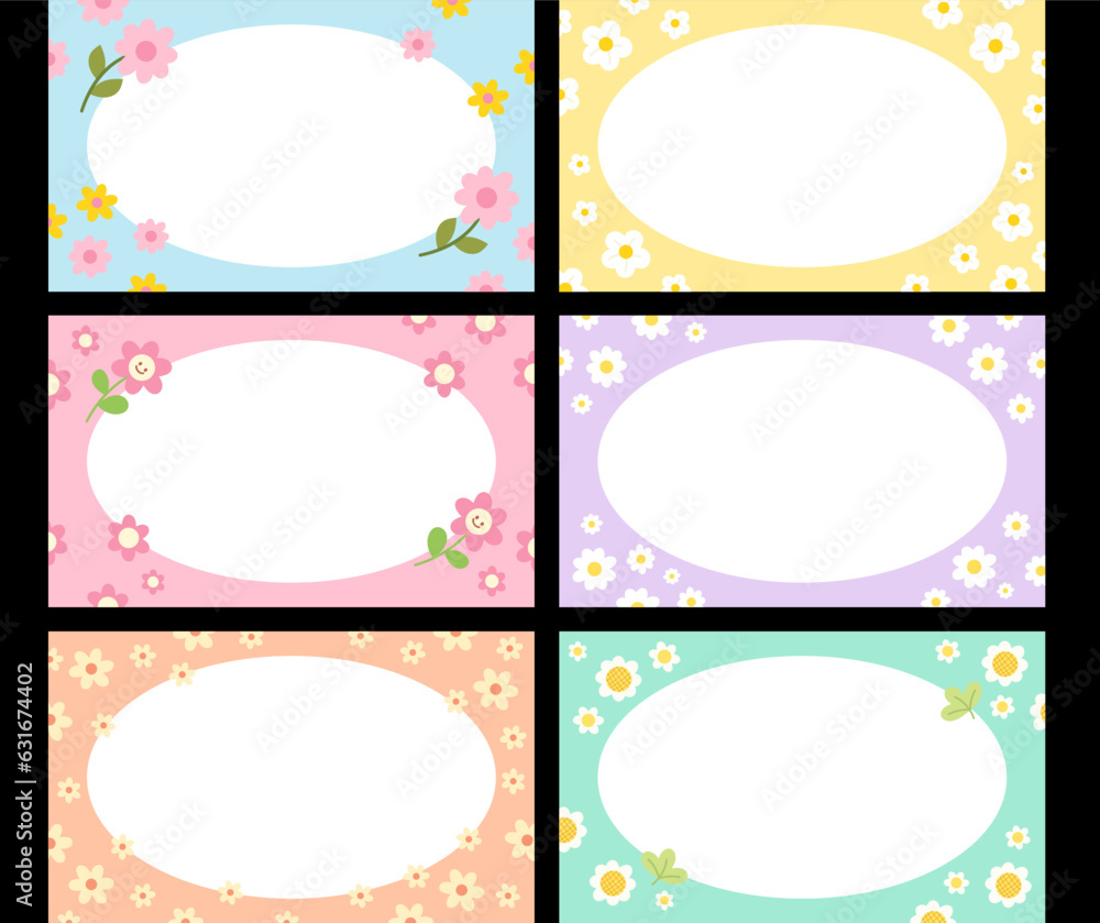 Set of four season banners, frames, name tags, notepads, memo, prints, ad template, social media posts, posters, background, wallpapers, sticky notes with flowers. Pastel colours.