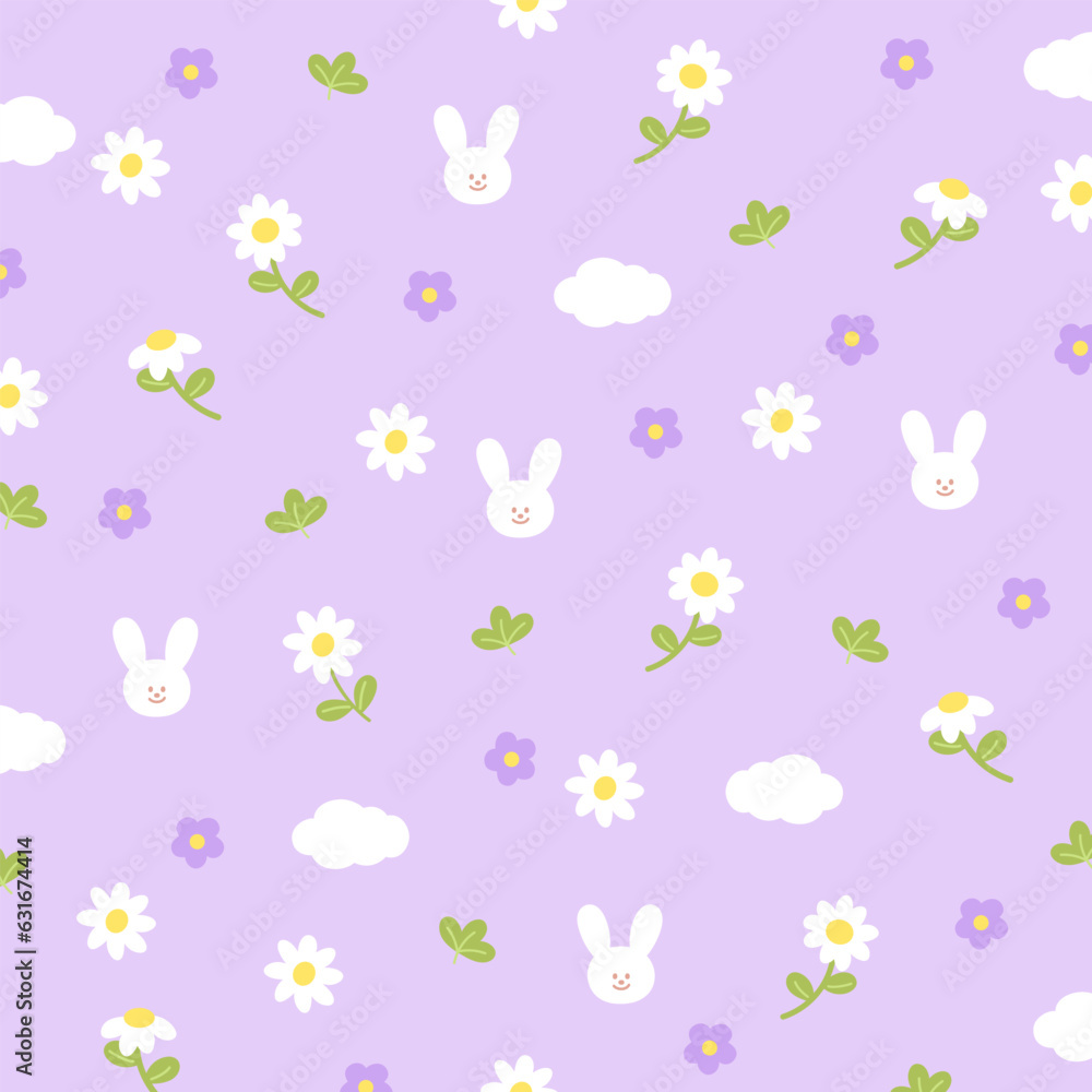 Bunny rabbit, flowers, cloud on a pastel purple background for floral wallpaper, backdrop, fabric, spring, summer, Valentine card, easter pattern, pet clothes, picnic, nature, animal print, kid cloth Bunny rabbit, flowers, cloud on a pastel purple background for floral wallpaper, backdrop, fabric, spring, summer, Valentine card, easter pattern, pet clothes, picnic, nature, animal print, kid cloth