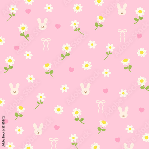 Bunny rabbit, daisy flowers, heart, ribbon on a pastel pink background for floral wallpaper, backdrop, fabric print, spring, summer, Valentine card, easter pattern, pet clothes, picnic, nature, animal