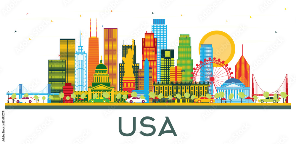 USA Skyline with Color Skyscrapers and Landmarks isolated on white.