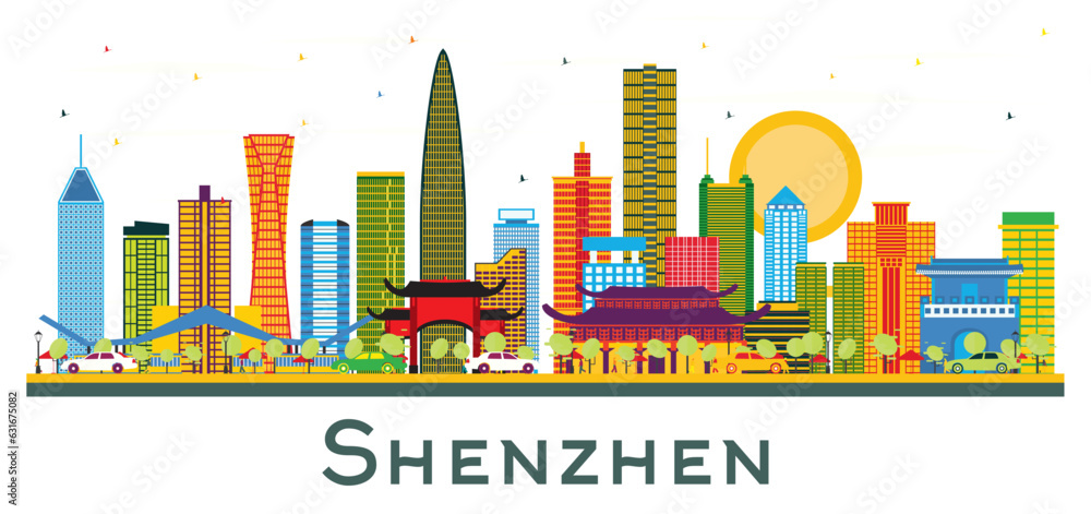 Shenzhen China City Skyline with Color Buildings isolated on white.
