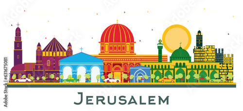 Jerusalem Israel city Skyline with Color Buildings isolated on white.