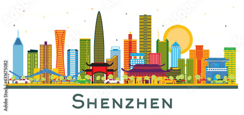 Shenzhen China City Skyline with Color Buildings isolated on white.