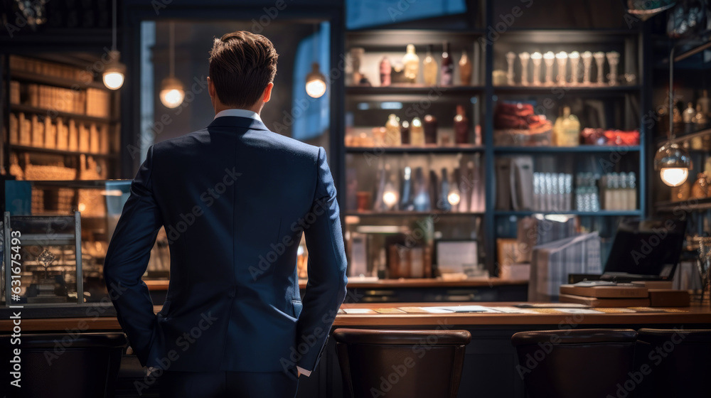 person in cafe.backside of business man in restaurant.