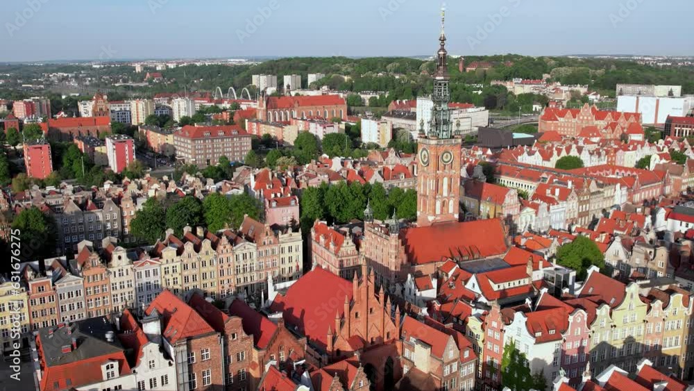 St Mary's Cathedral Beautiful panoramic architecture of old town in Gdansk, Poland at sunrise. Aerial view drone pov. Landscape cityscape City from Above. Small vintage historical buildings Europe St Mary's Cathedral Beautiful panoramic architecture of old town in Gdansk, Poland at sunrise. Aerial view drone pov. Landscape cityscape City from Above. Small vintage historical buildings Europe