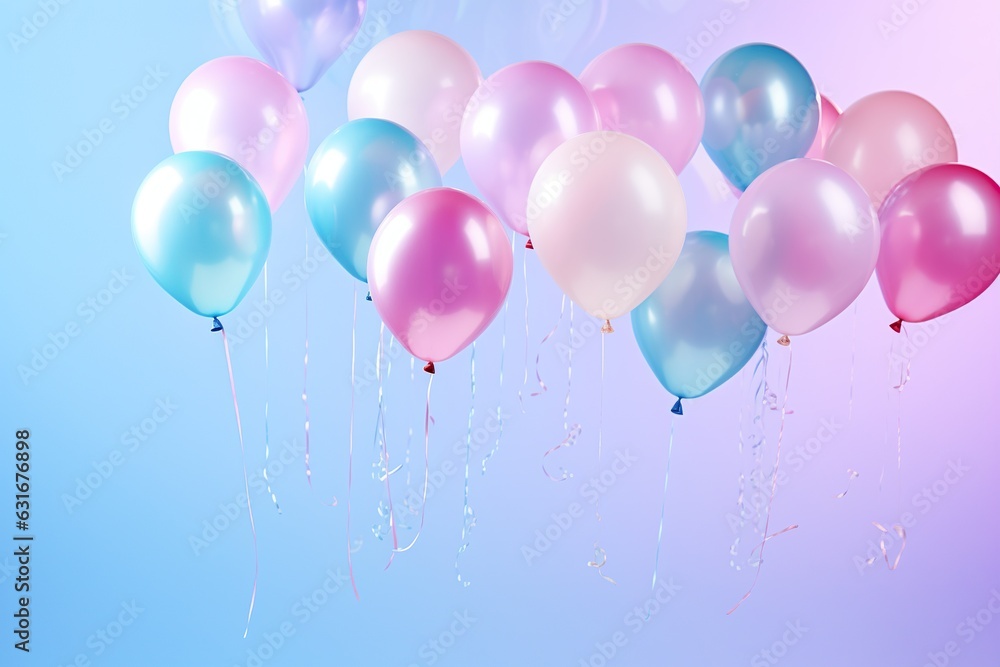 close up of chrome balloons flying in the air, levitation, rainbow palette copy space background