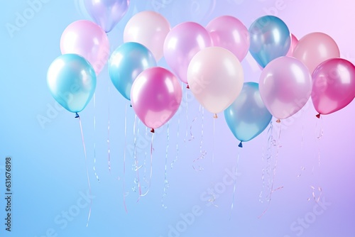 close up of chrome balloons flying in the air  levitation  rainbow palette copy space background