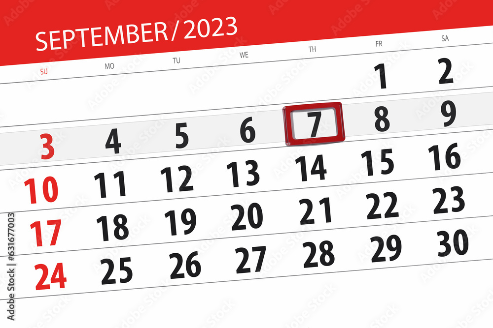 Obraz premium Calendar 2023, deadline, day, month, page, organizer, date, September, thursday, number 7