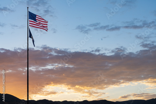 american flag at sunset