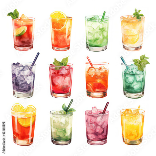 Various types of cocktails illustration on a white background