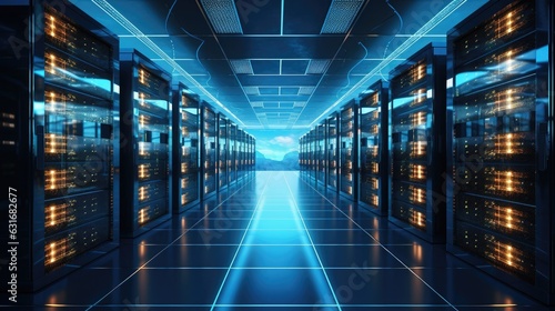 Futuristic server facility, high-performance datacenter solutions, secure cloud computing, wide network support and safety, intelligent cyberspace, the tech innovation of data storage, Generative AI.