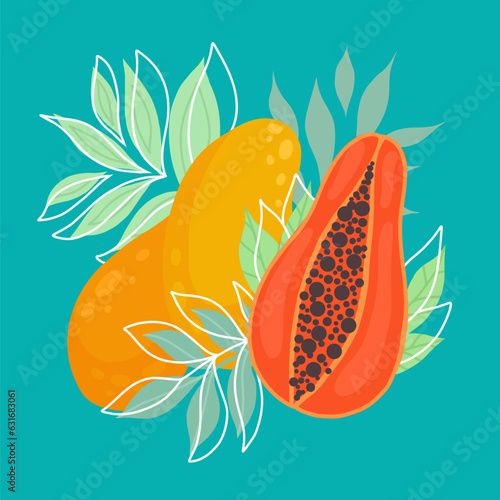 Vector flat illustration with papaya, mango and foliage on a turquoise background. Postcard with tropical juicy fruits. Card with healthy food