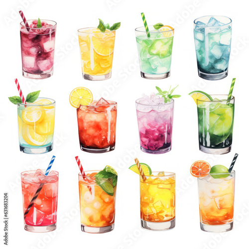 Various types of cocktails illustration on a white background