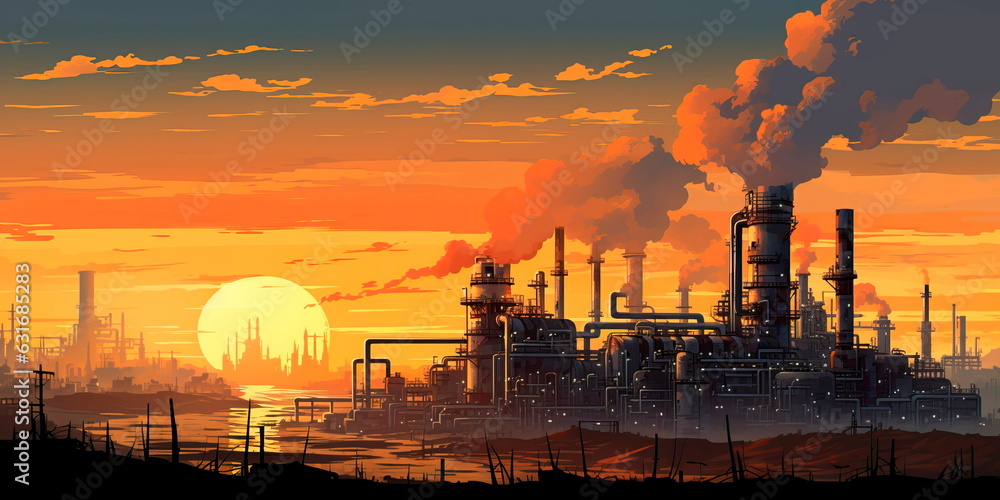 Industrial zone at sunset, with silhouettes of machinery and buildings against a colorful sky. Generative Ai