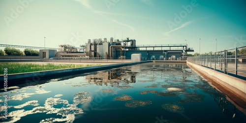 Industrial wastewater treatment plant purifying water before it is discharged. Generative Ai