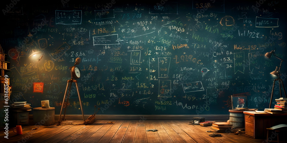 charming back to school background with a vintage chalkboard, showcasing handwritten notes and equations in different subjects. Generative Ai - obrazy, fototapety, plakaty 