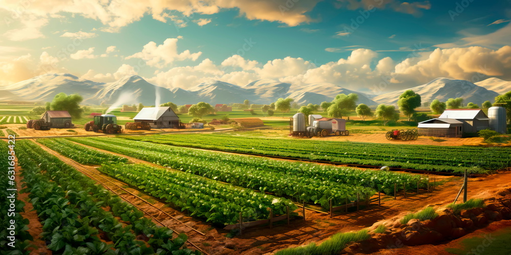 sprawling agricultural farm with fields of crops, tractors, and machinery involved in food production for a growing population.Generative AI