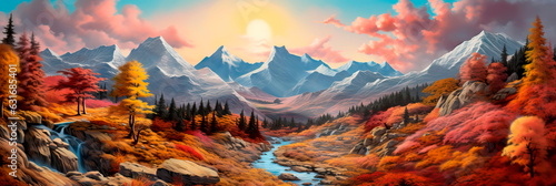 mountain landscape with a bright palette of autumn colors. Generative AI