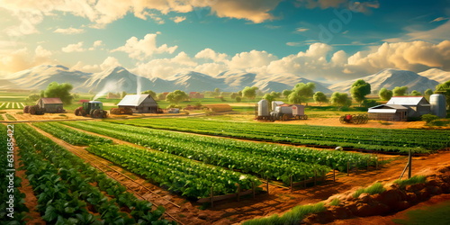 sprawling agricultural farm with fields of crops, tractors, and machinery involved in food production for a growing population.Generative AI