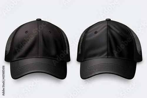 Set of black front and side view hat baseball cap on transparent background cutout, aesthetic look