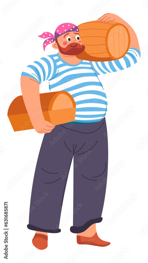 Pirate with wooden keg of rum, man characters Pirate with wooden keg of rum, man characters