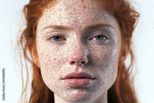 Beautiful Caucasian girl with red hair and freckles close-up