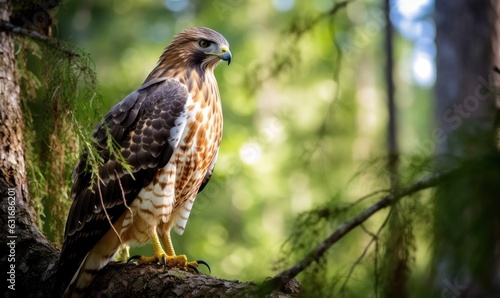 Photo of a majestic hawk perched on a tree branch in a lush forest