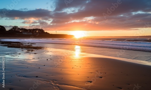 Photo of a colorful sunset over a sandy beach with footprints