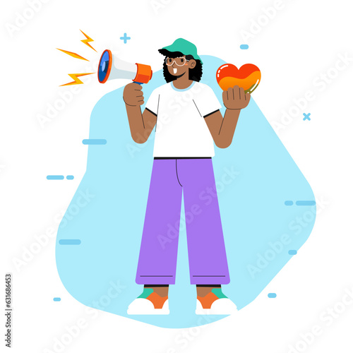 A woman with a megaphone or loudspeaker at a protest. Black lives matter protester. Standing up for and defending rights and freedoms No Racism Concept.Fight for Right