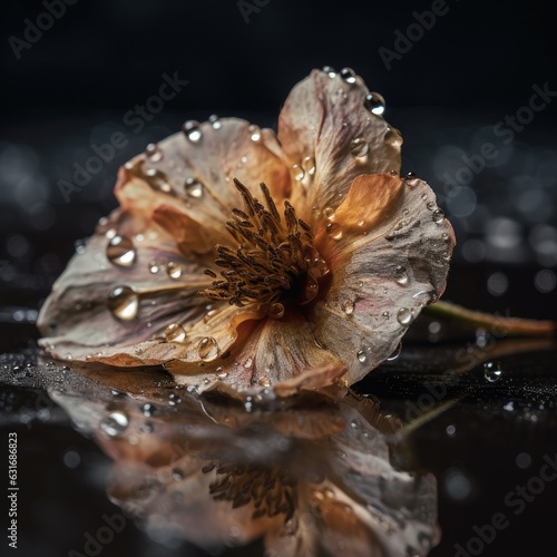 A single raindrop clings to the edge of a wilted flower
