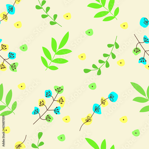 Seamless pattern of spring leaves and decorative twigs with flowers Natural print
