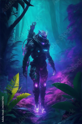 A futuristic space pirate walking through a dark enchanted jungle on an unknown planet at night © Kasun Udayanga